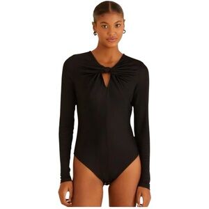 Farm Rio Black Twist Knot Peep Hole Accent Black Long Sleeve Bodysuit Size XS